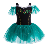 Girls Green Black Puff Sleeve Mesh Dress Children Funny Costume for Holiday Ballet Performance Halloween Cosplay Dressing