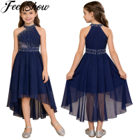 Kid Flower Girls Princess Dress Shiny Rhinestone Sleeveless High-Low Skirt Chiffon Dresses for Wedding Bridesmaid Birthday Party
