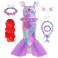 Mermaid Cosplay Purple Princess Dress Girls Summer Holiday Clothes Children Ariel Birthday Carnival Disguise Vestidos Clothing