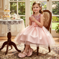 Children Girls Sleeveless Sequins Tulle Princess Dress For Flower Kids Birthday Wedding Party Pageant Communion Elegant Gown