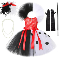 Cruella Deville Girls Costume Kids Black White Dalmatians Tutu Dress for Girls Halloween Carnival Party Villian Dress Up Clothes