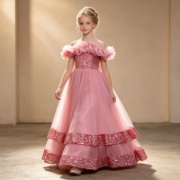 Girls Princess Off Shoulder Ruffle Tulle Dress Sequin Tiered Hem Bow Back Formal Gown for Kids Wedding Pageant Birthday Party
