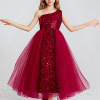 8-12yrs old Kids One shoulder Red Sequin Wedding Party Dresses Birthday Gift Evening Gown Dresses for Girls