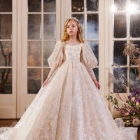 Girls Luxurious Sequined A-line Long Princess Gown Birthday Party Wear Elegant Sparkly High Collar Kids Dresses For Performance