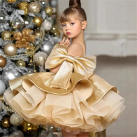 Light Luxury Gold Evening Princess Ball Gown Children Cute Bow Design Birthday Wedding Party Dress y1654