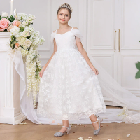 Elegant White Bridesmaid Party Girl Dress Fashion Tulle Wedding Baptism Birthday Prom Dress First Communion Princess Kid Clothes