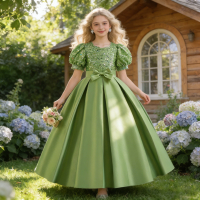 Summer Sequin Bridesmaids Party Girl Dress Elegant Bow Wedding Princess Prom Kids Dress For Girls Gala Birthday Evening Costumes