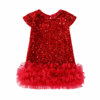 New Short Sleeved Girls Sequined Vest Skirt Mesh Fluffy Sequin Girls Dress Sparkly Elegant Princess Tutu Dress Birthday Party