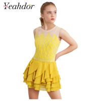 Girls Mesh Figure Skating Dress Dance Leotards Children Ballet Costume Rhinestone Rhythmic Gymnastics Ballerina Dancewear