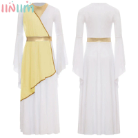 Children Girls Halloween Ancient Greek Roman Toga Goddesses Princess Cosplay Costume Long Sleeve Worship Choir Praise Dress Robe