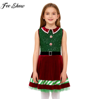 Kids Girls Christmas Party Dress Xmas Elf Santa Helper Cosplay Costume Sleeveless Shiny Sequins Zipper Holiday Mesh Tutu Dresses