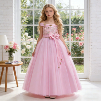 Summer Flower Bridesmaids Party Dress For Girls Elegant Birthday Wedding Princess Evening Girl Dresses Bow Prom Children Costume
