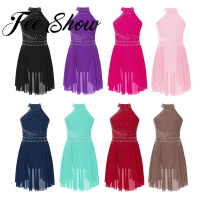 Girls Modern Lyrical Dance Performance Costume Shiny Rhinestone Mesh Leotard Dress Figure Skating Ballet Gymnastics Bodysuit