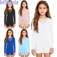 Kids Girls Sheer Mesh Gymnastics Jumpsuit Ballet Dance Bodysuit Cross Front Back Long Sleeves Dancewear