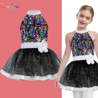 Kid Girl Ballet Skirted Leotard Shiny Sequins Layered Tulle Dance Tutu Dresses Gymnastics Leotard for Figure Skating Performance