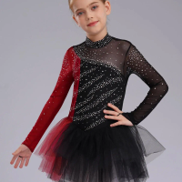 Girls Rhythmic Gymnastics Costume Figure Skating Ballet Dance Dress Shiny Rhinestones Long Sleeves Mesh Leotard Latin Dancewear