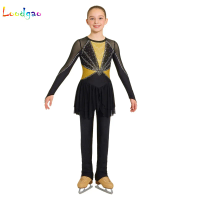 Kid Girls Gymnastics Artistic Figure Skating Jumpsuit Dress Ballet Dance Costume Long Sleeve Finger Holes Skirted Unitard Romper
