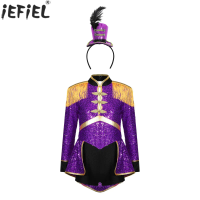 Kids Girls Circus Ringmaster Cosplay Costume Long Sleeve Sequin Bodysuit Dress with Top Hat Headband for Carnival Theme Party