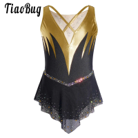Kids Girls Figure Skating Lyrical Gymnastic Performance Costume Roller Skating Sleeveless Shiny Rhinestones Mesh Leotard Dress