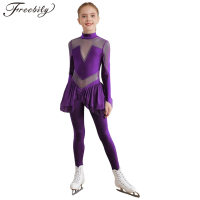 Girls Ballet Dance Gymnastics Leotard Figure Skating Acrobatic Performance Costume Rhinestones Long Sleeve Sheer Mesh Unitard
