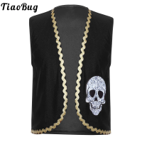 Children Medieval Pirate Captain Cosplay Costume Halloween Party Renaissance Viking Dress Up Open Front Skull Bones Print Vest