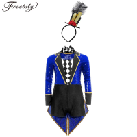 Girls Boys Circus Ringmaster Magician Cosplay Costume Halloween Carnival Showman Performance Shiny Sequin Tailcoat Bodysuit Hat
