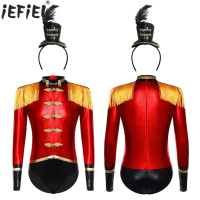 Girls Shiny Circus Ringmaster Dress Up Bodysuit with Feather Top Hat Headband Halloween Carnival Theme Party Cosplay Costume