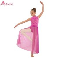 Kids Girls Lyrical Tulle Dance Dress Rhythmic Gymnastics Training Leotard Modern Contemporary Dancewear Competition Costume