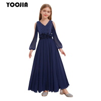 Chiffon Flower Girl Dresses Off-the-shoulder Long Sleeve Kids Weddings Party Pageant Gowns Full Length Junior Bridesmaid Dress