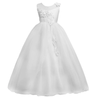 Girls Long Dress 3D Flower Mesh Sleeveless Kids Ball Gown with Belt Children Party Wedding Birthday Dresses for Formal Occasions