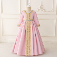 Saudi Arabia Muslim Pink Long Dress Girl Clothing Dress Bottom Grab Flower Bronzing Robe Children Party Princess Dress ASQ03