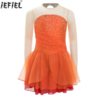 Kids Girls Ballet Lyrical Dance Dress Figure Skating Performance Costume Shiny Rhinestones Long Sleeves Gymnastics Leotard Tutu