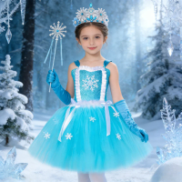 Toddler Girls Sky Blue Princess Tutu Dress Snowflake Ice Queen Tulle Outfit Kids Halloween Birthday Party Dress Up Costume Set