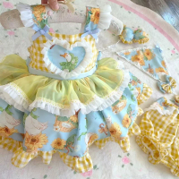 Handmade Big White Goose Girls' Summer Suspender Skirt Set Children's Girl Treasure Cute Cotton Lolita Top+Shorts 2pcs