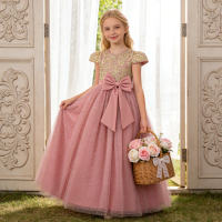 Girls Flower Embroidery Party Dress Kids Big Bow Long Wedding Bridesmaid Prom Gown Girl Fashion Lace Birthday Clothes Costumes