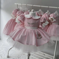0-12Y Baby Girl Summer Rabbit Flower Embroidery Pink Dress for Birthday Photography Holiday Eid Casual B52