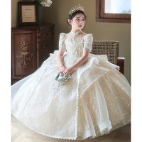 KLFLGD Girls' high-end retro wedding dress summer new style piano playing princess skirt flower girl catwalk costume