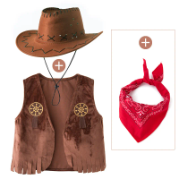 Kids Cowboy Brown Fleece Cowboy Vest with Bandanna & Hat Set Children Western Role Play Costume Holiday Party Performance Outfit