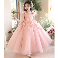 Girls Pink Floral Princess Party Dress Children Flower Girl Wedding Gown for Kids Host Piano Performance Pageant Evening Clothes