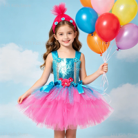 Girls Summer Dress Princess Poppy Tutu Dress Trolls Costume Kids Magic Elves Halloween Dresses Birthday Gift Flower Fairy Outfit