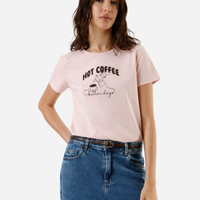 Camiseta feminina de algodão estampada hot coffee rosa