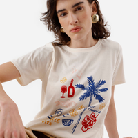 Camiseta feminina de algodão estampada bege
