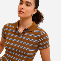 Polo básica feminina com algodão canelada listrada marrom