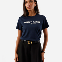 Camiseta feminina de algodão peruano manga curta estampada azul