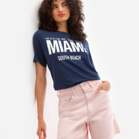 Camiseta feminina de algodão miami azul