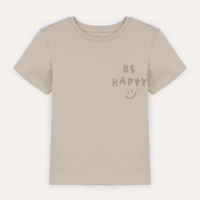 Camiseta de algodão infantil manga curta be happy bege