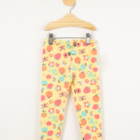 Calça legging infantil estampa floral com abelhas e glitter amarela