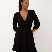 Vestido de viscose com transpasse manga longa bufante preto