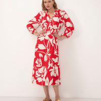 Vestido midi floral manga longa vermelho escuro