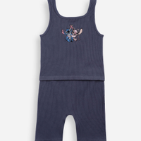 Conjunto curto infantil canelado stitch e angel cinza